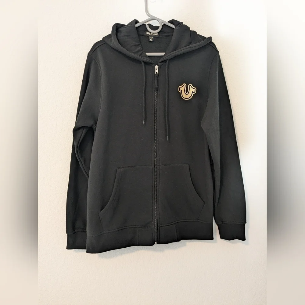 True Religion Black Buddha Foil Graphic Full Zip Fleece Drawstring Hoodie LG